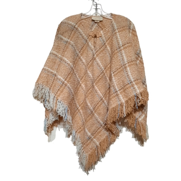 IRISH ALPACA Fringe Plaid Poncho Cape Sweater BOYNE VALLEY WEAVERS Tan Blue OS - Picture 3 of 10